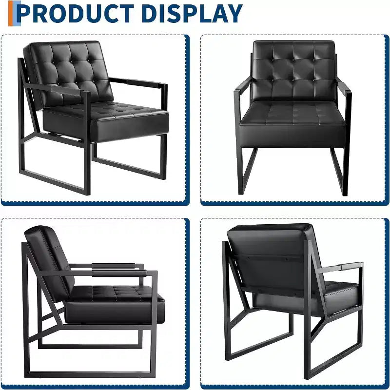 Fauteuil d'appoint moderne du milieu du siècle, fauteuil rembourré en cuir PU avec coussin épais et cadre métallique robuste, fauteuil de salon rétro pour chambre à coucher