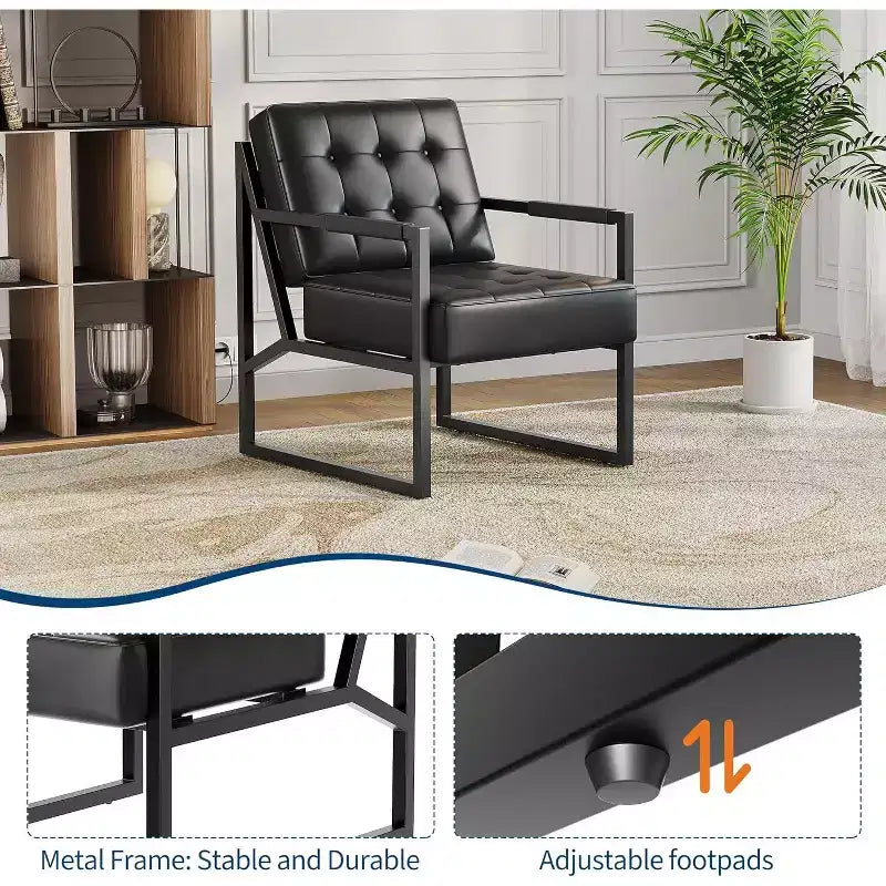Fauteuil d'appoint moderne du milieu du siècle, fauteuil rembourré en cuir PU avec coussin épais et cadre métallique robuste, fauteuil de salon rétro pour chambre à coucher