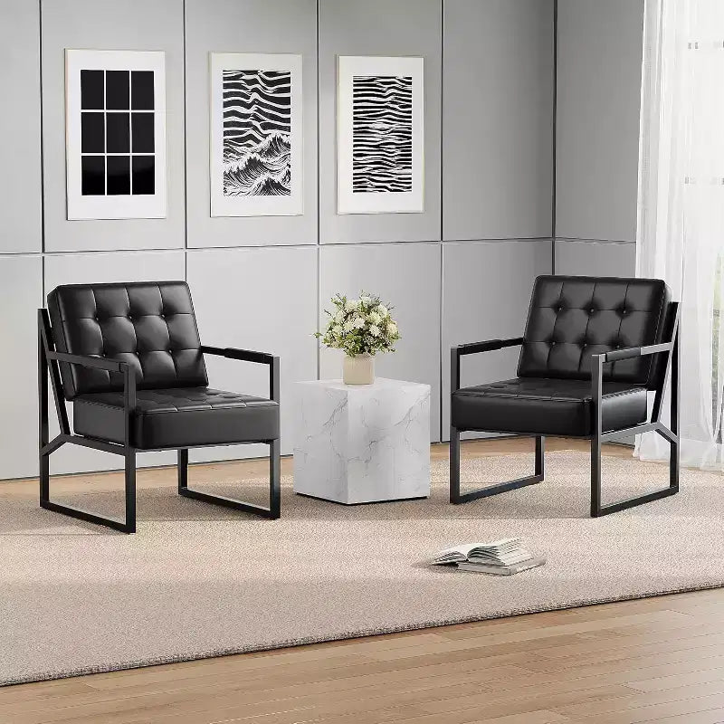 Fauteuil d'appoint moderne du milieu du siècle, fauteuil rembourré en cuir PU avec coussin épais et cadre métallique robuste, fauteuil de salon rétro pour chambre à coucher