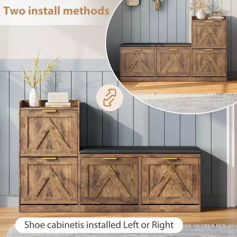 Meuble à chaussures rustique Acekool, banc 4 tiroirs basculants, siège réglable pour entrée, couloir, chambre