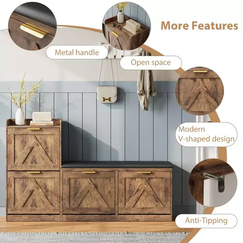 Meuble à chaussures rustique Acekool, banc 4 tiroirs basculants, siège réglable pour entrée, couloir, chambre