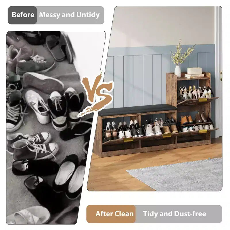 Meuble à chaussures rustique Acekool, banc 4 tiroirs basculants, siège réglable pour entrée, couloir, chambre