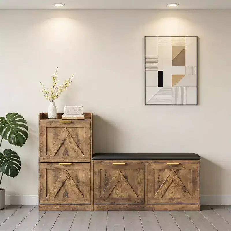 Meuble à chaussures rustique Acekool, banc 4 tiroirs basculants, siège réglable pour entrée, couloir, chambre