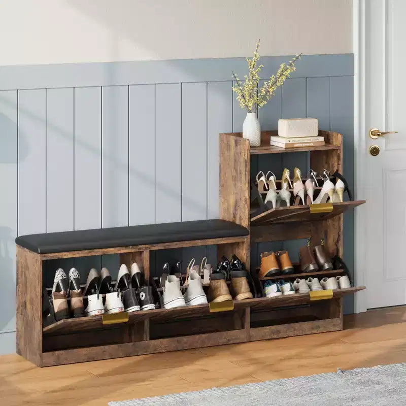 Meuble à chaussures rustique Acekool, banc 4 tiroirs basculants, siège réglable pour entrée, couloir, chambre
