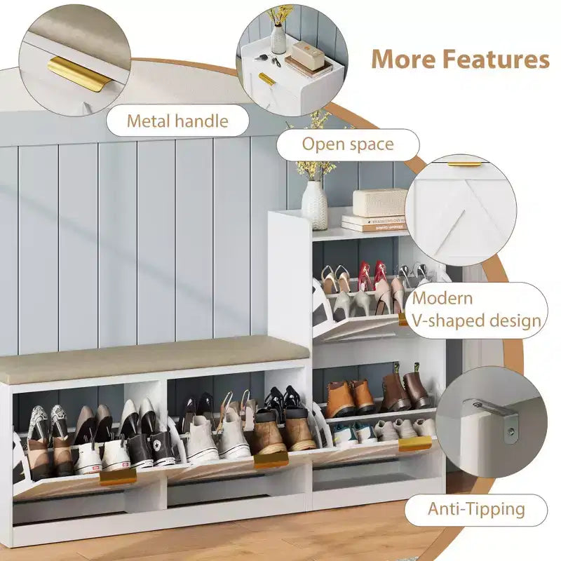 Meuble à chaussures rustique Acekool, banc 4 tiroirs basculants, siège réglable pour entrée, couloir, chambre