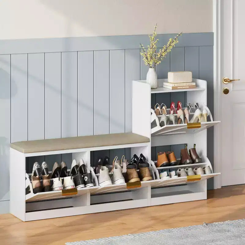 Meuble à chaussures rustique Acekool, banc 4 tiroirs basculants, siège réglable pour entrée, couloir, chambre