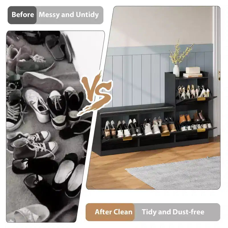 Meuble à chaussures rustique Acekool, banc 4 tiroirs basculants, siège réglable pour entrée, couloir, chambre