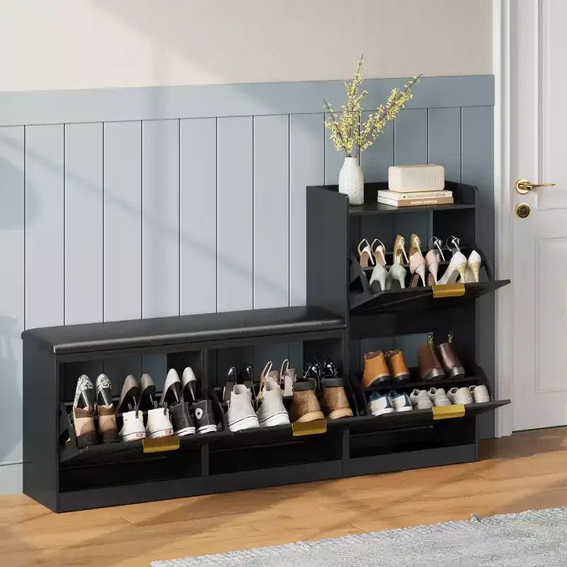 Meuble à chaussures rustique Acekool, banc 4 tiroirs basculants, siège réglable pour entrée, couloir, chambre