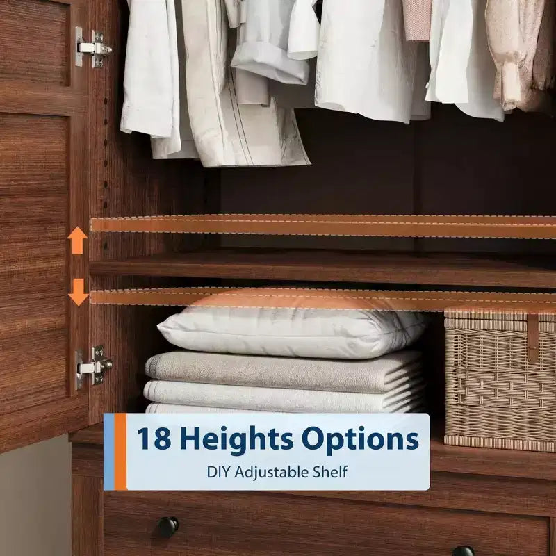 COZONY Armoire penderie en bois 72 po avec 4 portes, meuble de rangement autonome pour vêtements avec tringle de suspension et étagères réglables