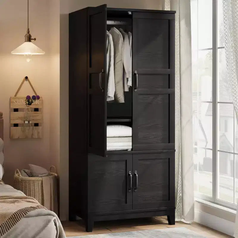 COZONY Armoire penderie en bois 72 po avec 4 portes, meuble de rangement autonome pour vêtements avec tringle de suspension et étagères réglables