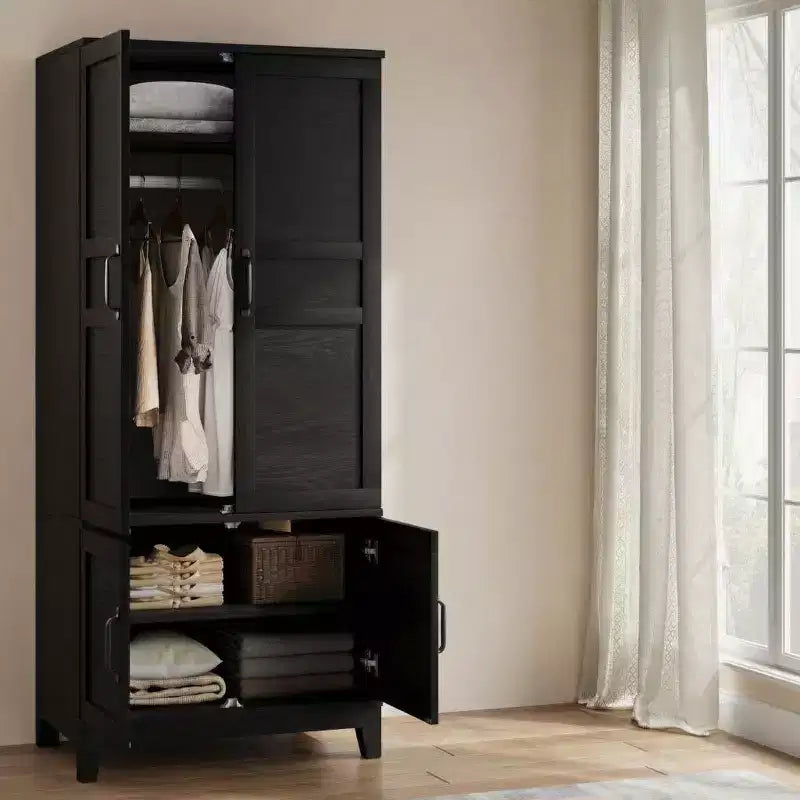 COZONY Armoire penderie en bois 72 po avec 4 portes, meuble de rangement autonome pour vêtements avec tringle de suspension et étagères réglables