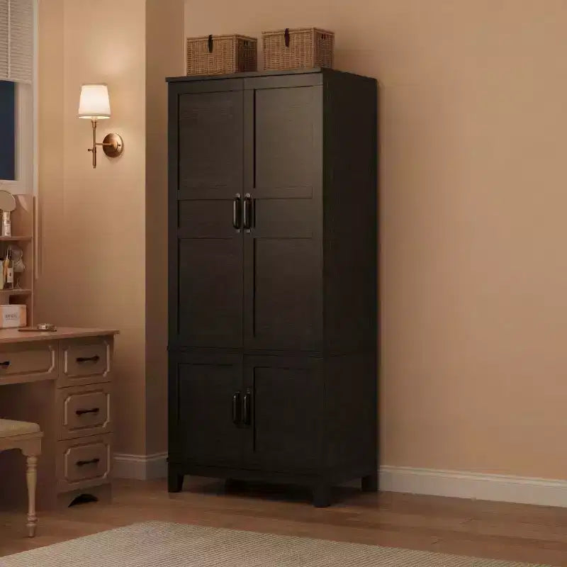 COZONY Armoire penderie en bois 72 po avec 4 portes, meuble de rangement autonome pour vêtements avec tringle de suspension et étagères réglables