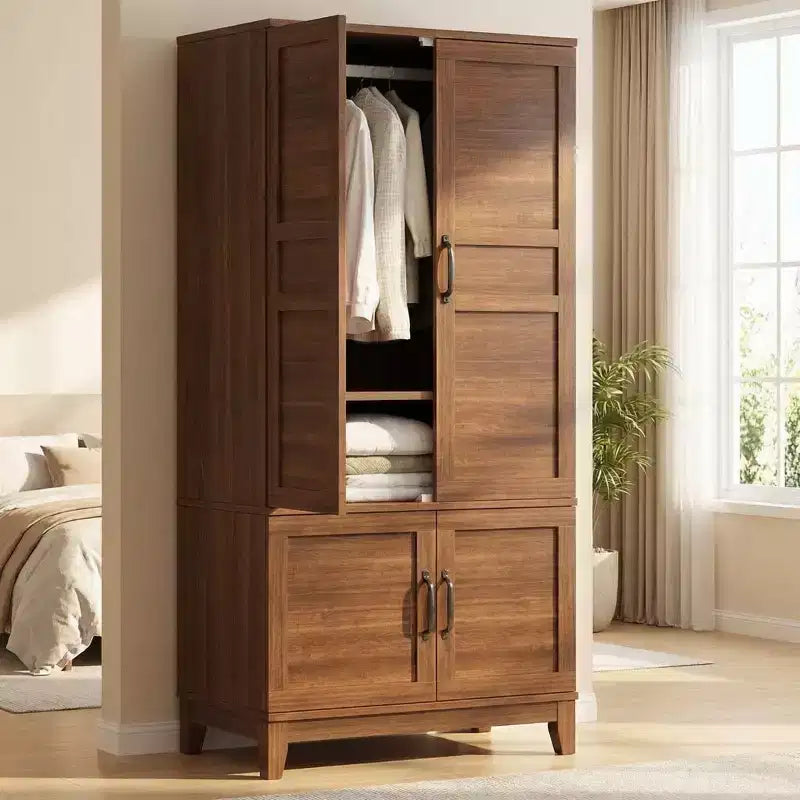 COZONY Armoire penderie en bois 72 po avec 4 portes, meuble de rangement autonome pour vêtements avec tringle de suspension et étagères réglables