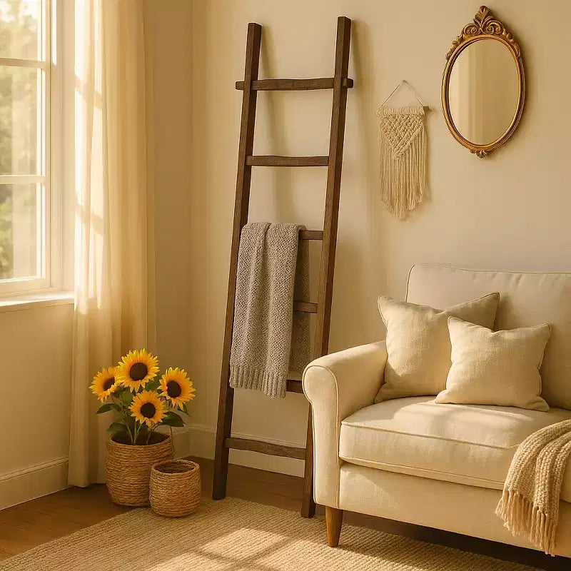Échelle verticale décorative avec porte-serviettes pour couvertures - Meuble de rangement fin avec crochets pour chambre ou salon