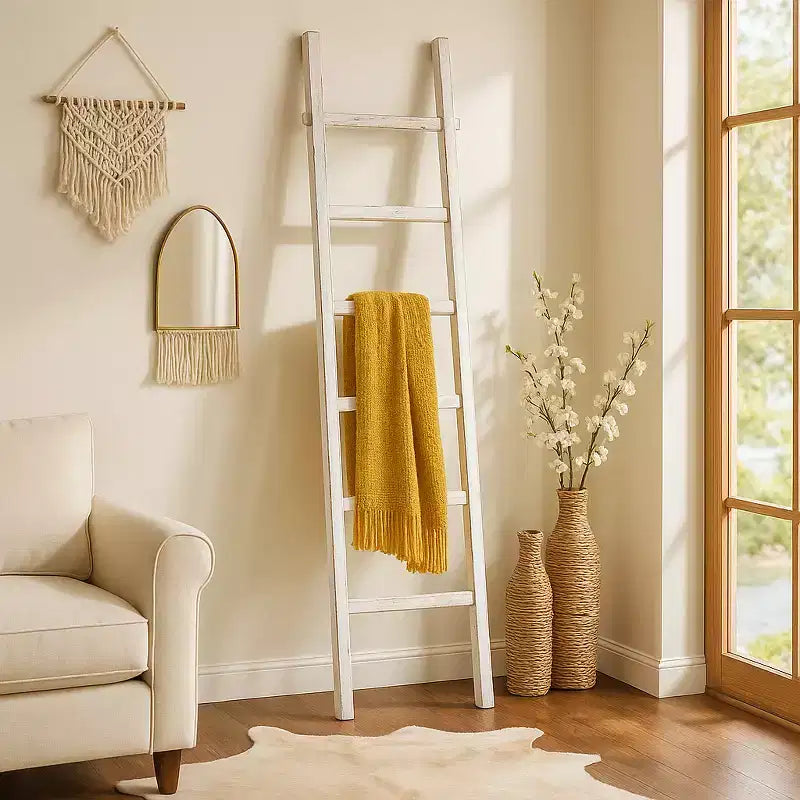 Échelle verticale décorative avec porte-serviettes pour couvertures - Meuble de rangement fin avec crochets pour chambre ou salon