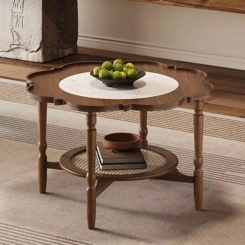Whisen Petal Shaped Mid Century Coffee Table with Crackle Glass Top and 2-Tiered Rattan Storage Shelf - Walnut