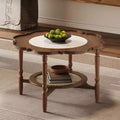 Whisen Petal Shaped Mid Century Coffee Table with Crackle Glass Top and 2-Tiered Rattan Storage Shelf - Walnut