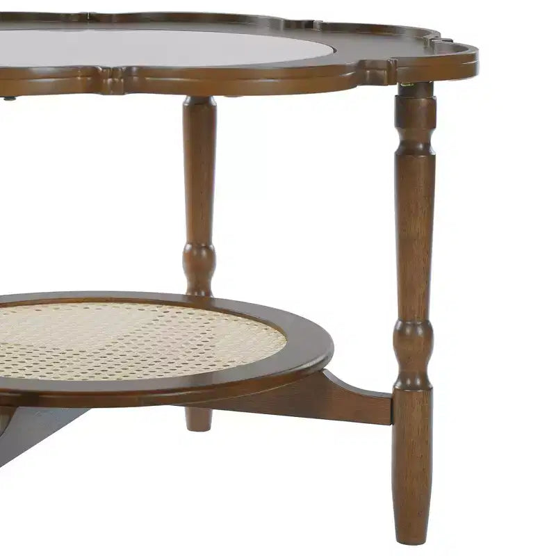 Table basse Whisen en forme de pétale avec plateau en verre craquelé et étagère de rangement à deux niveaux en rotin - Noyer
