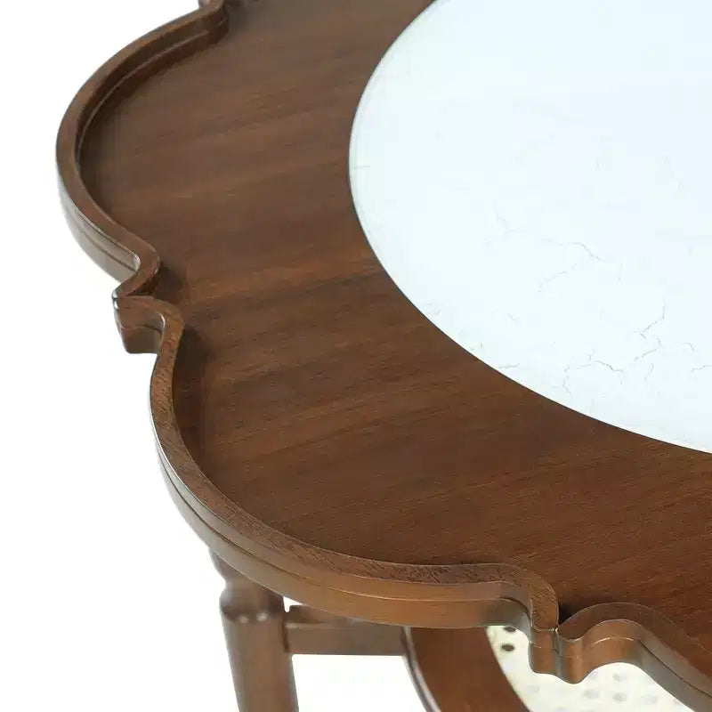 Table basse Whisen en forme de pétale avec plateau en verre craquelé et étagère de rangement à deux niveaux en rotin - Noyer