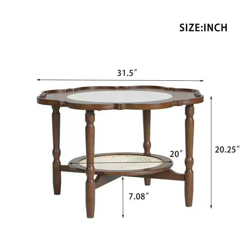 Table basse Whisen en forme de pétale avec plateau en verre craquelé et étagère de rangement à deux niveaux en rotin - Noyer