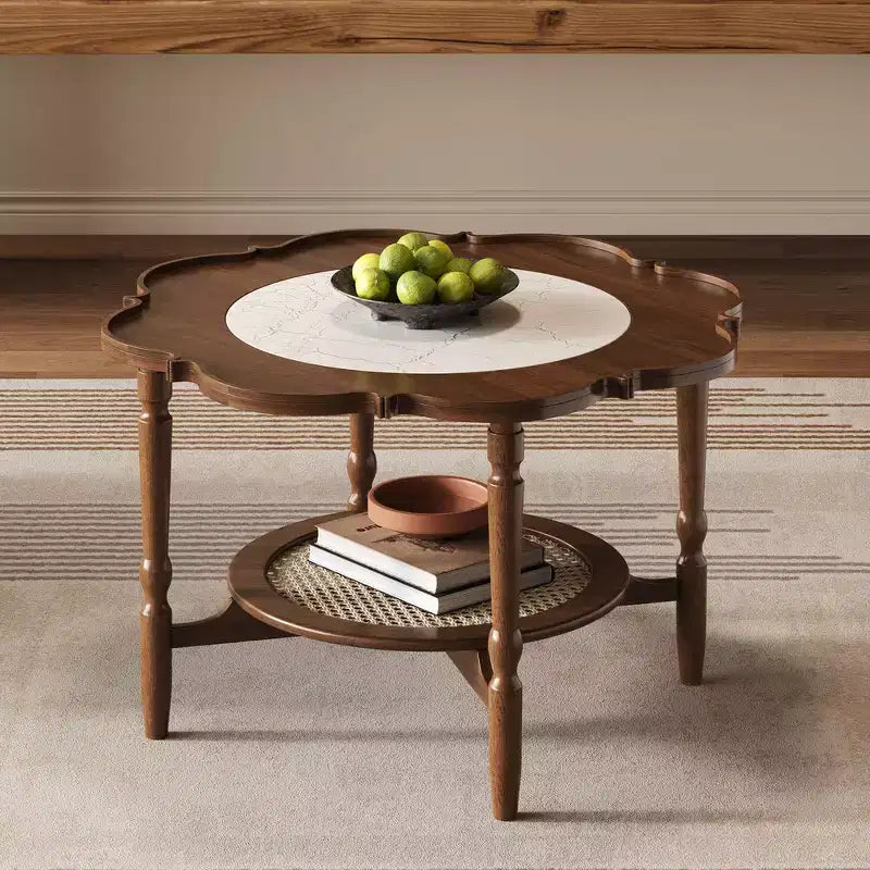 Table basse Whisen en forme de pétale avec plateau en verre craquelé et étagère de rangement à deux niveaux en rotin - Noyer