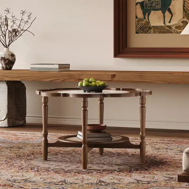 Table basse Whisen en forme de pétale avec plateau en verre craquelé et étagère de rangement à deux niveaux en rotin - Noyer