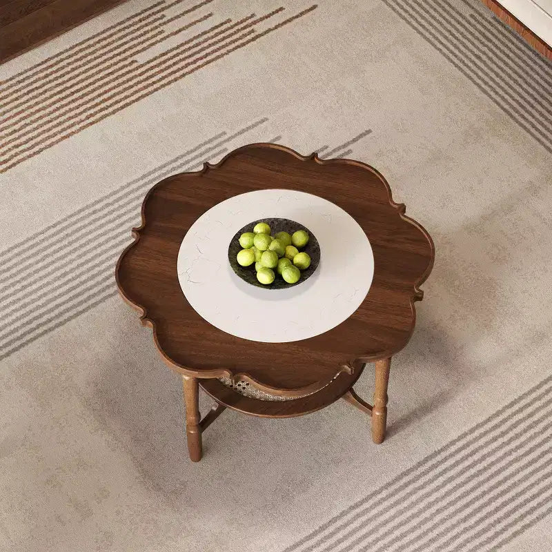 Table basse Whisen en forme de pétale avec plateau en verre craquelé et étagère de rangement à deux niveaux en rotin - Noyer