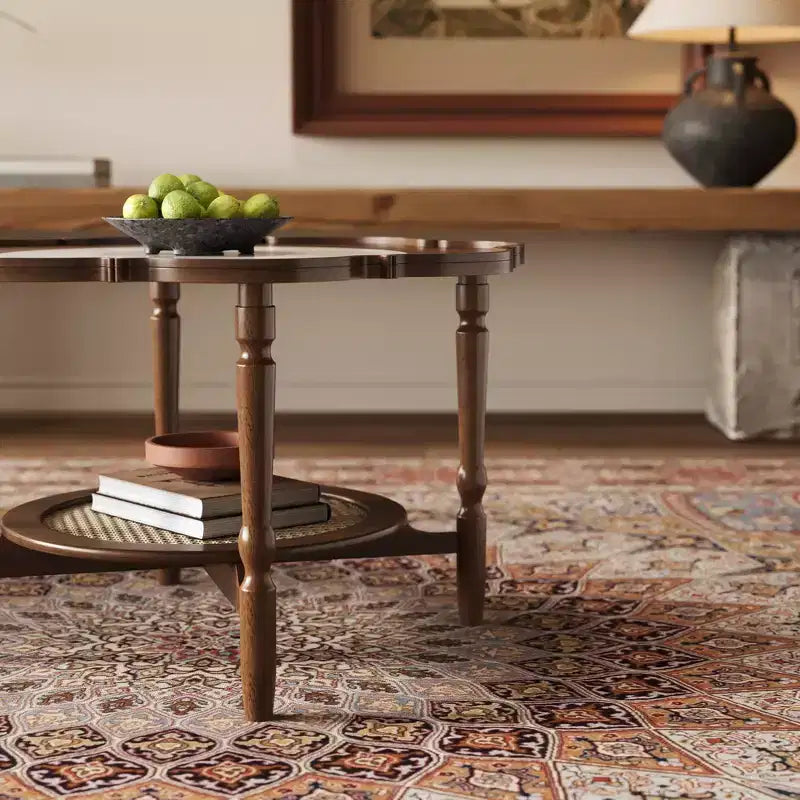 Table basse Whisen en forme de pétale avec plateau en verre craquelé et étagère de rangement à deux niveaux en rotin - Noyer