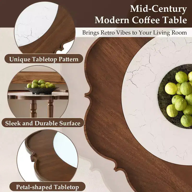 Table basse Whisen en forme de pétale avec plateau en verre craquelé et étagère de rangement à deux niveaux en rotin - Noyer