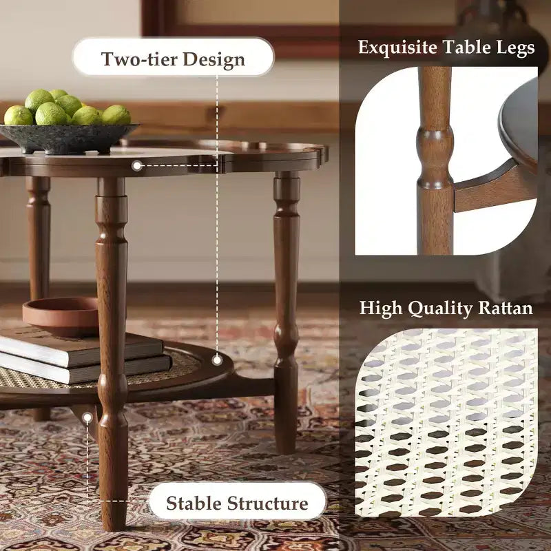 Table basse Whisen en forme de pétale avec plateau en verre craquelé et étagère de rangement à deux niveaux en rotin - Noyer