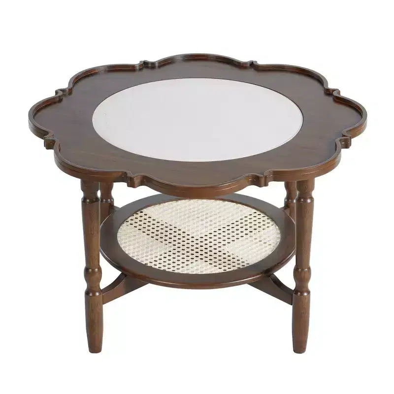 Table basse Whisen en forme de pétale avec plateau en verre craquelé et étagère de rangement à deux niveaux en rotin - Noyer