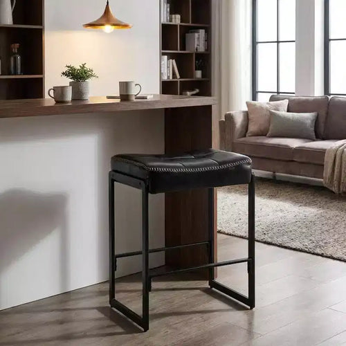 24 Modern Saddle Counter Stool, Waxed PU Leather Bar Stool with Curved Seat & Footrest for Kitchen Island, Living Room, Dining & Cafe