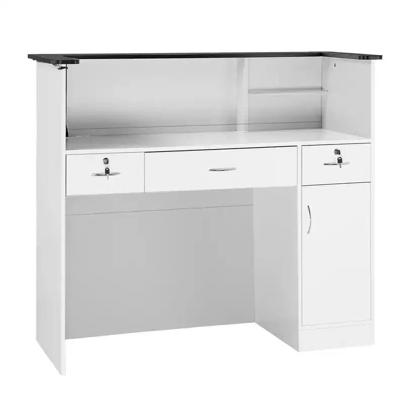 VEVOR Reception Desk, 50 inch Rectangular Front Counter Table, Modern Office Reception Desk with Light Strip, 3 Drawers & Storage Cabinets, White