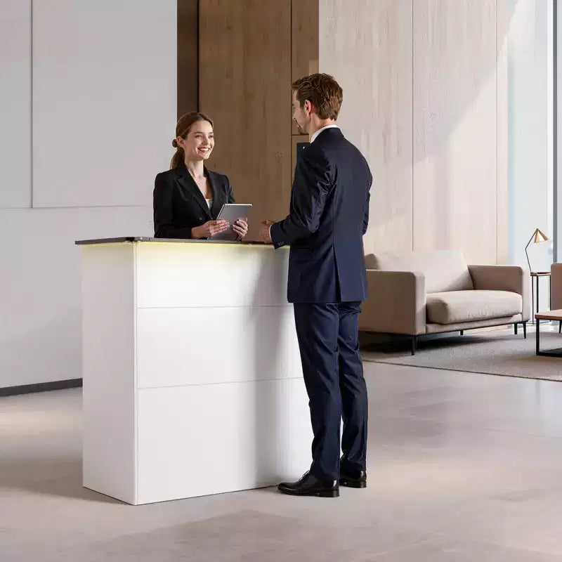 Comptoir de réception VEVOR, table de comptoir rectangulaire de 127 cm, bureau de réception moderne avec bande lumineuse, 3 tiroirs et armoires de rangement, blanc