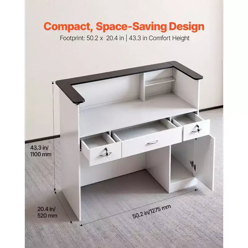 Comptoir de réception VEVOR, table de comptoir rectangulaire de 127 cm, bureau de réception moderne avec bande lumineuse, 3 tiroirs et armoires de rangement, blanc