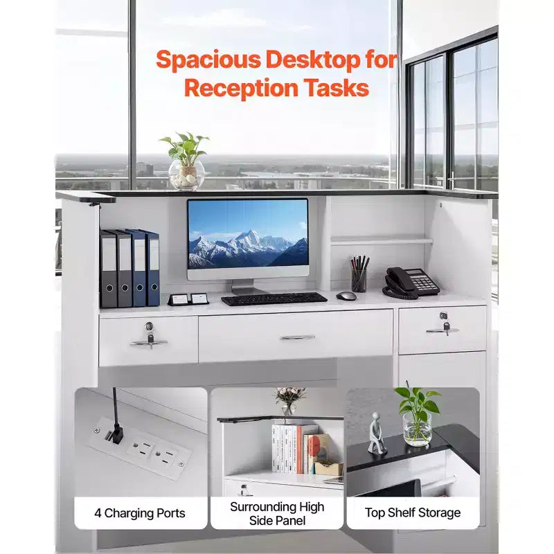 Comptoir de réception VEVOR, table de comptoir rectangulaire de 127 cm, bureau de réception moderne avec bande lumineuse, 3 tiroirs et armoires de rangement, blanc