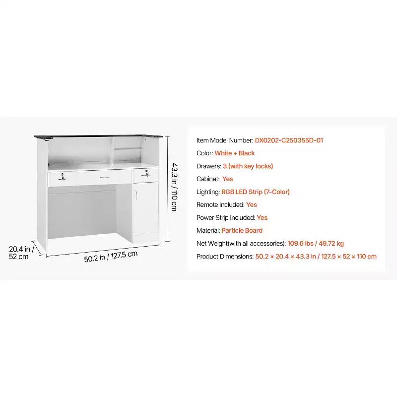 Comptoir de réception VEVOR, table de comptoir rectangulaire de 127 cm, bureau de réception moderne avec bande lumineuse, 3 tiroirs et armoires de rangement, blanc