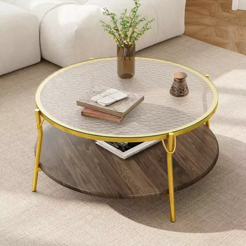 Whisen 29.9 Round 2-Tiered Coffee Table with Walnut Finish, Glass Top and Gold Metal Base for Living Room - Gold & Glass & Walnut