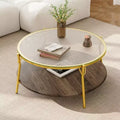 Whisen 29.9 Round 2-Tiered Coffee Table with Walnut Finish, Glass Top and Gold Metal Base for Living Room - Gold & Glass & Walnut