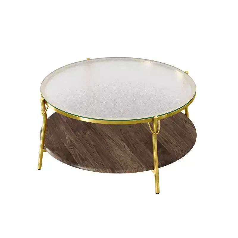 Table basse Whisen 29.9 à 2 niveaux avec finition noyer, plateau en verre et base en métal doré pour le salon - Doré et verre et noyer