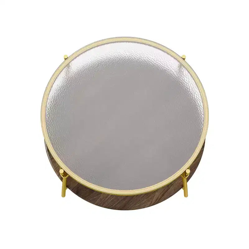 Table basse Whisen 29.9 à 2 niveaux avec finition noyer, plateau en verre et base en métal doré pour le salon - Doré et verre et noyer