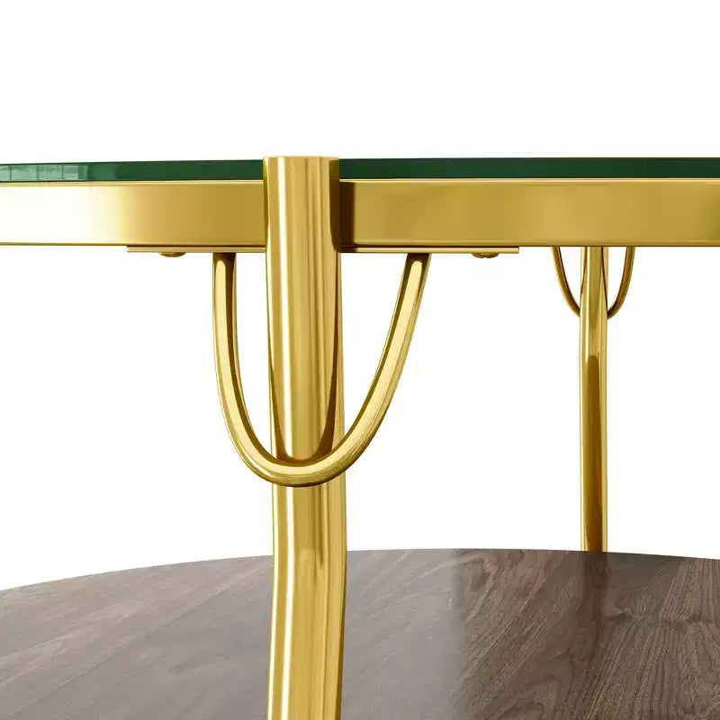 Table basse Whisen 29.9 à 2 niveaux avec finition noyer, plateau en verre et base en métal doré pour le salon - Doré et verre et noyer