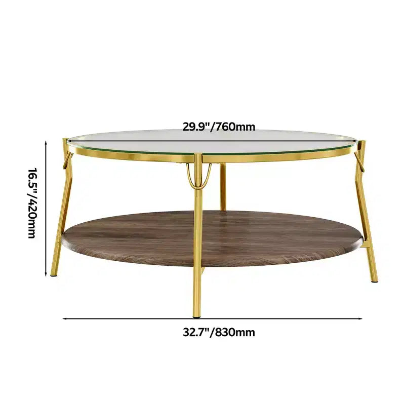 Table basse Whisen 29.9 à 2 niveaux avec finition noyer, plateau en verre et base en métal doré pour le salon - Doré et verre et noyer