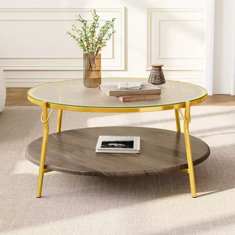 Table basse Whisen 29.9 à 2 niveaux avec finition noyer, plateau en verre et base en métal doré pour le salon - Doré et verre et noyer