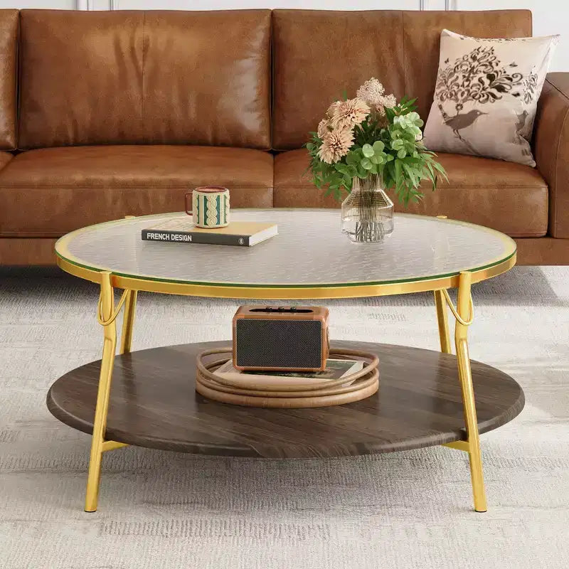 Table basse Whisen 29.9 à 2 niveaux avec finition noyer, plateau en verre et base en métal doré pour le salon - Doré et verre et noyer