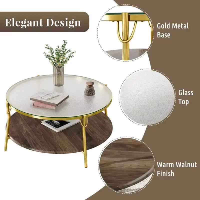 Table basse Whisen 29.9 à 2 niveaux avec finition noyer, plateau en verre et base en métal doré pour le salon - Doré et verre et noyer