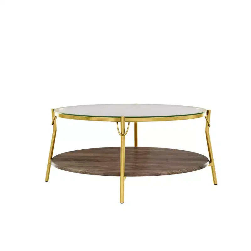 Table basse Whisen 29.9 à 2 niveaux avec finition noyer, plateau en verre et base en métal doré pour le salon - Doré et verre et noyer