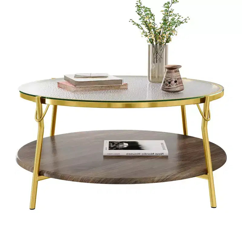 Table basse Whisen 29.9 à 2 niveaux avec finition noyer, plateau en verre et base en métal doré pour le salon - Doré et verre et noyer