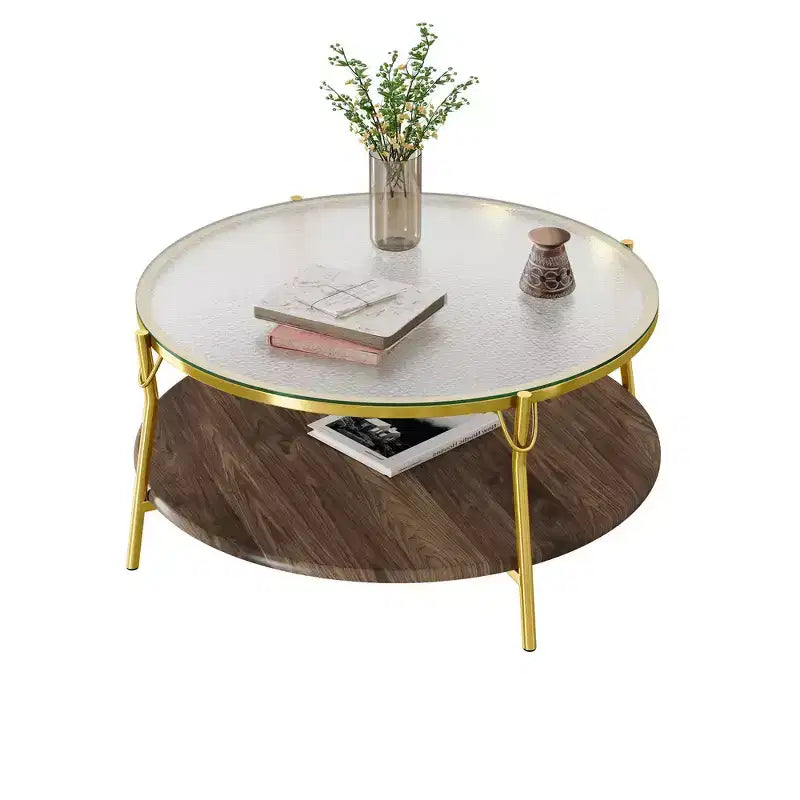 Table basse Whisen 29.9 à 2 niveaux avec finition noyer, plateau en verre et base en métal doré pour le salon - Doré et verre et noyer