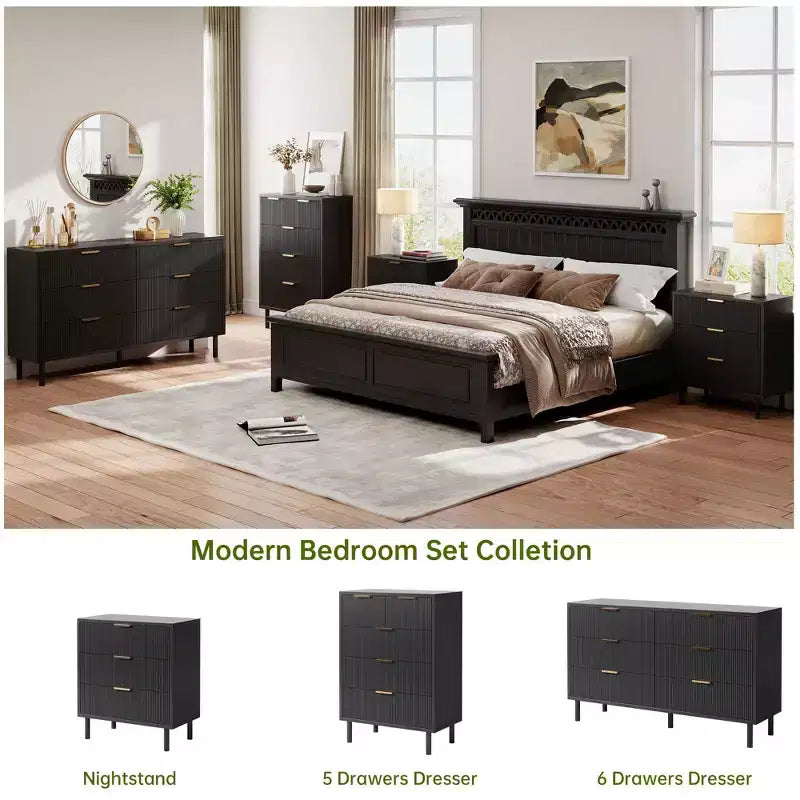 Commode cannelée à 3 tiroirs, lot de 2 commodes en bois, commode de rangement avec pieds en métal et dispositif anti-basculement pour chambre à coucher et salon, noir